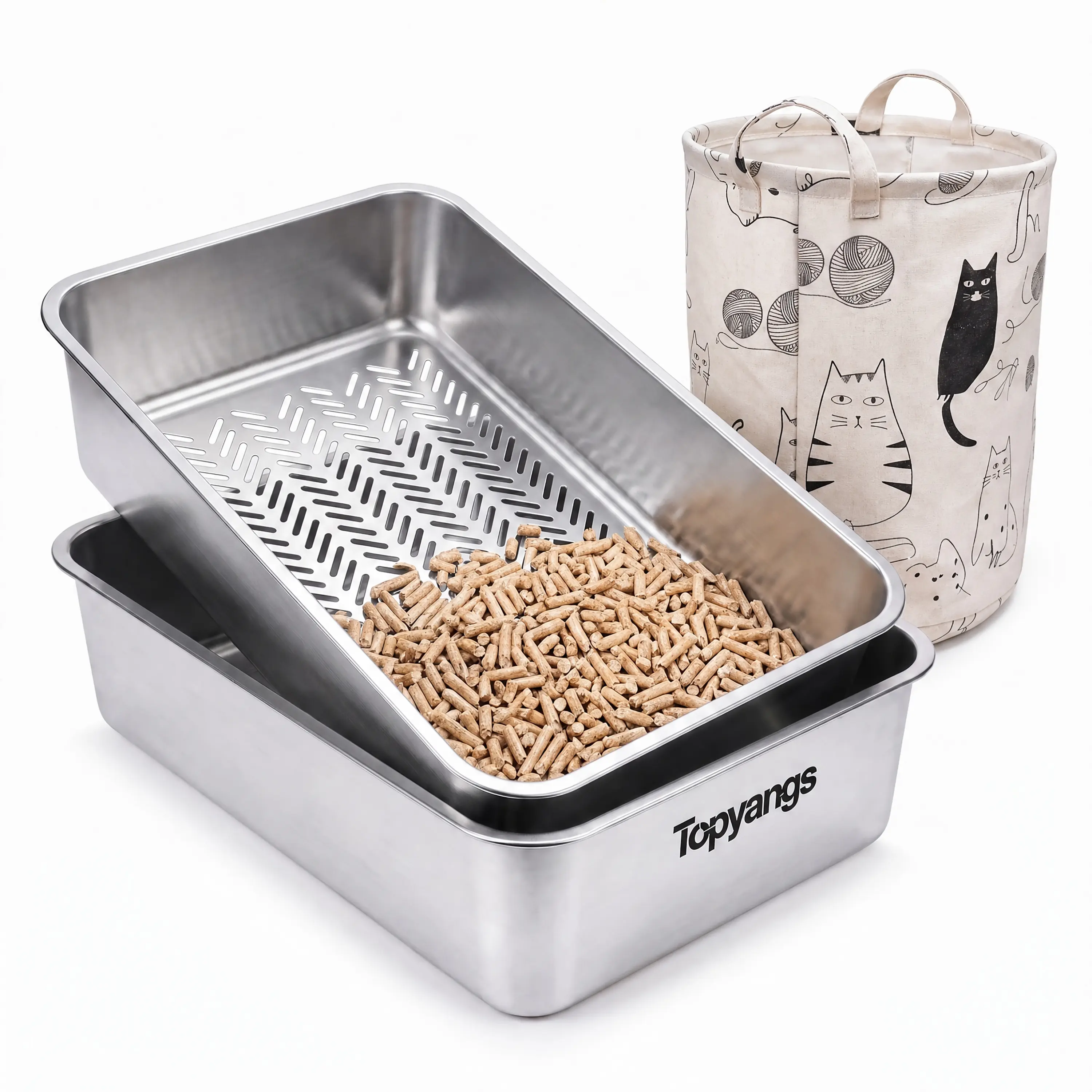 Topyangs XL Sifting Cat Litter Box for Regular Litter,Stainless Steel Sifting Box, Easy to Clean Catbox with High Sides,tiktokshopspringglowup,Litterbox