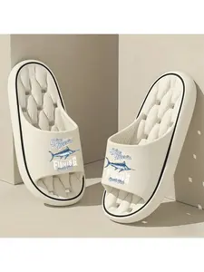 [ Product] 1 Pair Marlin Fish "Fishing Club" Printed Slippers, Unisex, Thick Sole Pillow Slippers, Men'S, Women'S Slippers, EVA Sole, Lightweight Soft Open-Toe, Shower Shoes, Suitable for Indoor Outdoor Beachwear, Casual Style, All-Season