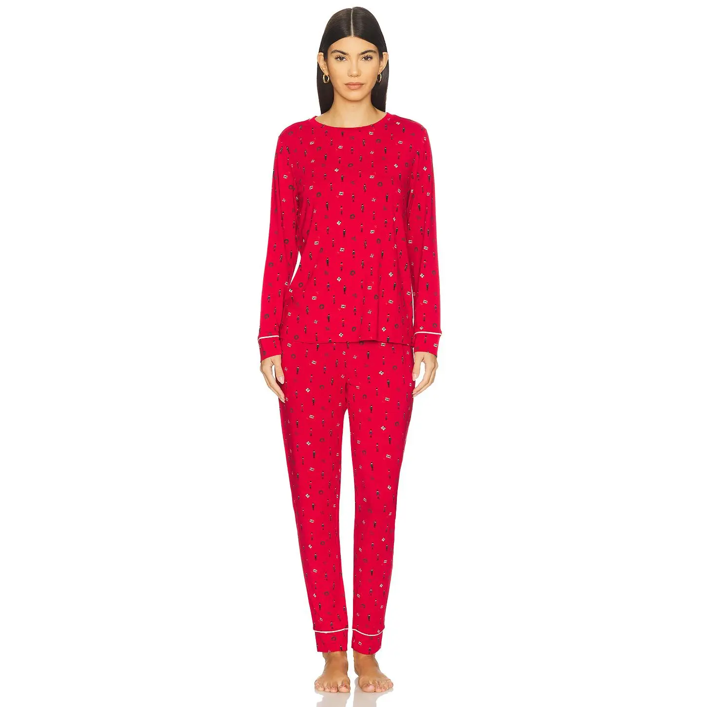 eberjey Gisele Printed Crew Pj Set in Nutcracker Holly Red & Ivory