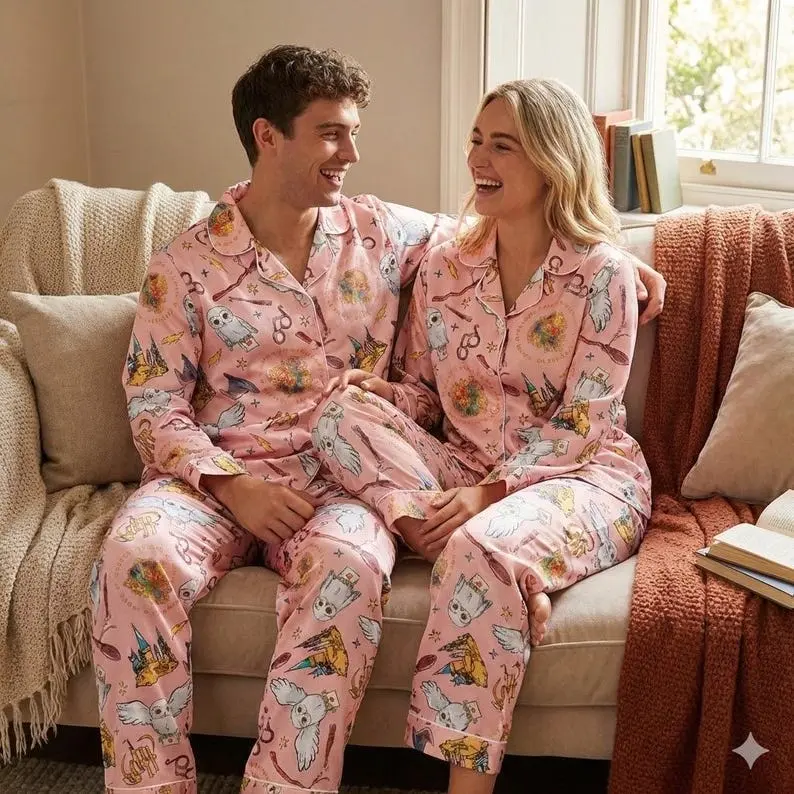 Pink Harry Potter Print Satin Pajama Set (Message us for custom) – Magical Adult Sleepwear, Potter Fan Nightwear Gift, No Pockets