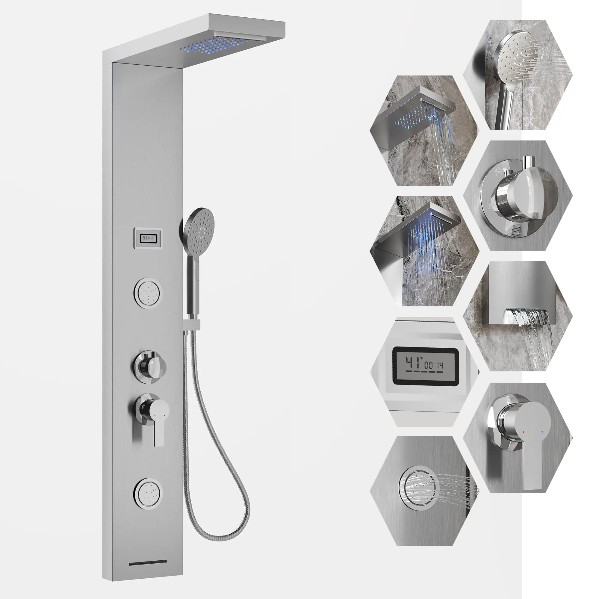 【GARVEE】Shower Panel Tower, Bathroom Shower Panel System with massage nozzle, temperature display, adjustable jets and handheld shower (Brushed, With temperature control and LED display)