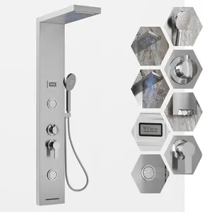【GARVEE】Shower Panel Tower, Bathroom Shower Panel System with massage nozzle, temperature display, adjustable jets and handheld shower (Brushed, With temperature control and LED display)