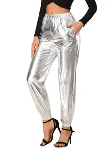 INSPIRE CHIC Metallic Trousers Christmas Shiny Sparkle Elastic Waist Holographic Pants Silver