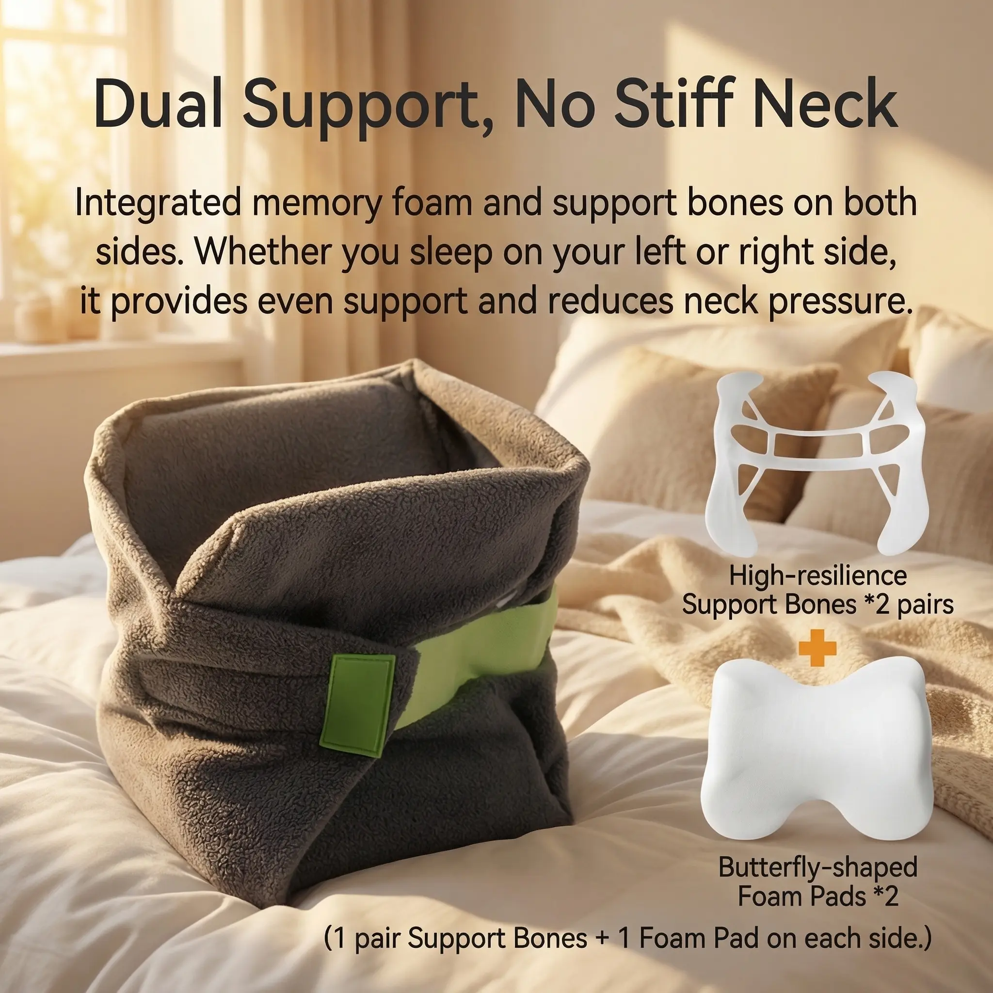 Portable Wrap-Around Durable Memory Foam Travel Neck Cushion - Fleece Fabric, Soft Cotton, Anti-Bacterial, Machine Washable, Airplane, Long-Haul Flight Sleep Support, Solid Color Design