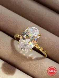 S925 Sterling Silver Egg Shaped Zircon Ring, Luxury Engagement Ring for Women, Fashion Jewelry for Party, Daily Decor, Trendy All-match & Exquisite Jewelry for Birthday Gift, Artificial Zircon Ring