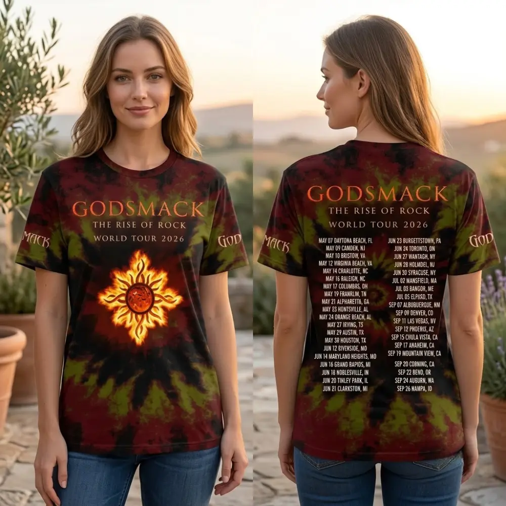 Godsmack 3D Shirt, Red Black Tie Dye Rise of Rock World Tour 2026 Shirt with Fiery Sun Logo & Full Dates, Perfect Gift for Rock Fan