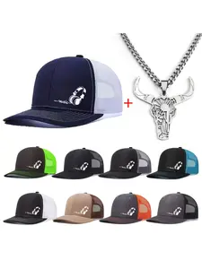 Unisex Music Print Baseball Cap Trucker Style Hat & Bull Head Pendant Set, Adjustable Richardson Style, Breathable Mesh Design, Ideal for Men/women