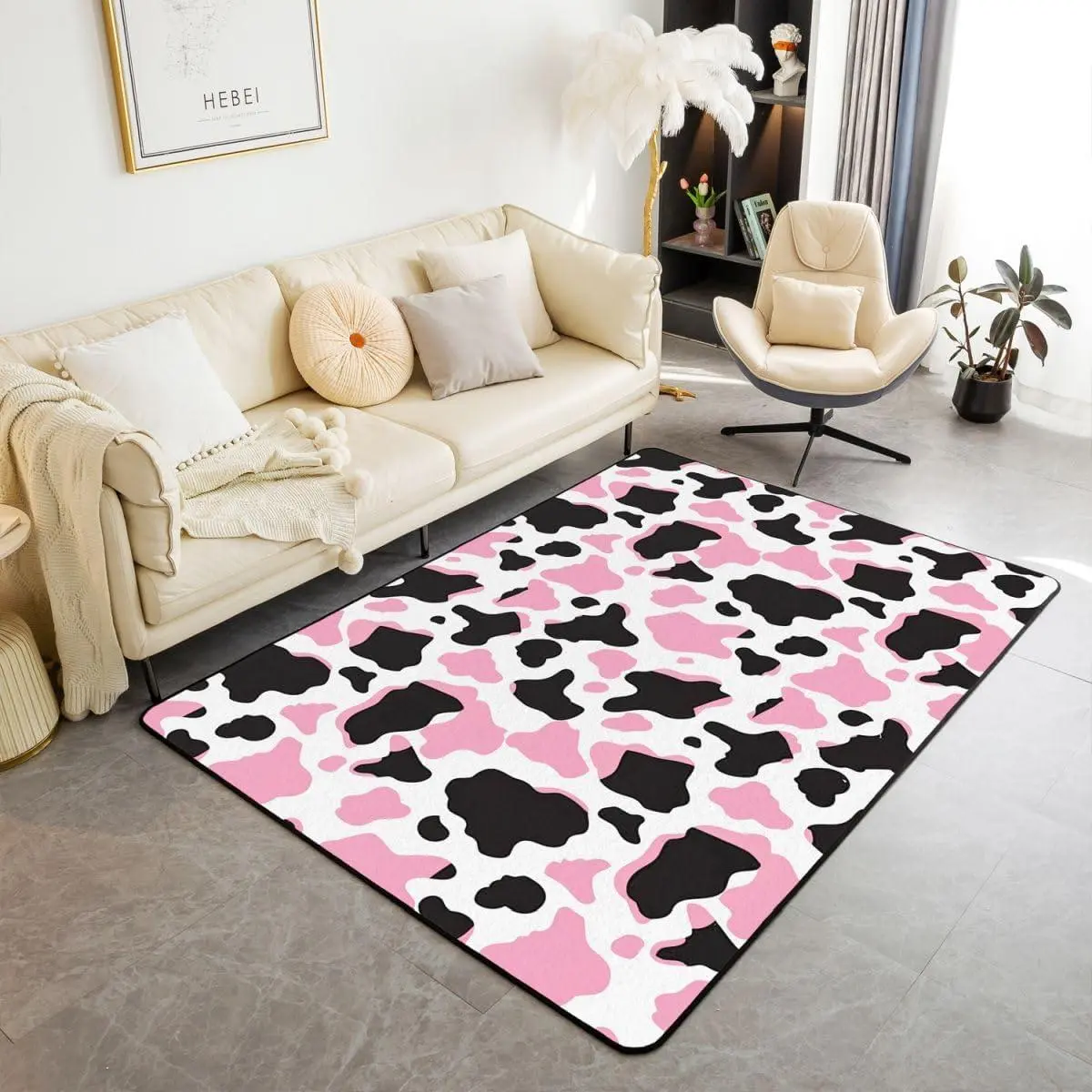 Pink Black Cow Print Area Rug Polyester Cowhide Living Room Rugs Bedroom Western Farm Animal Skin Decor Carpet Farmhouse Indoor Floor Mat Soft Non-Slip