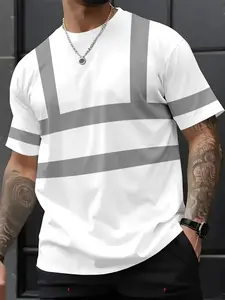 Men's Striped Printed Short Sleeve T-Shirt, Summer Construction Safety Breathable Top, Outdoor Workwear, Casual Fitted Long Shirt