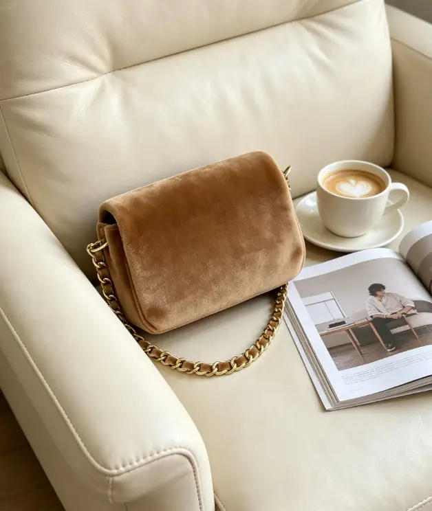 Quilted Suede Crossbody Bag for Women, Brown Designer Style Shoulder Purse with Gold Chain Strap - Ideal for Daily/Date Night