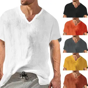 Summer Linen Men's V-neck Short Sleeve Shirt Casual Cotton Linen Shirt T-shirt Top Menswear Tshirt Streetwear Tropical