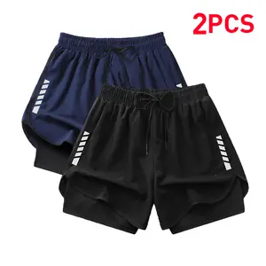 2-piece men's quick-dry lightweight running shorts with elastic drawstring waistband and side pocket