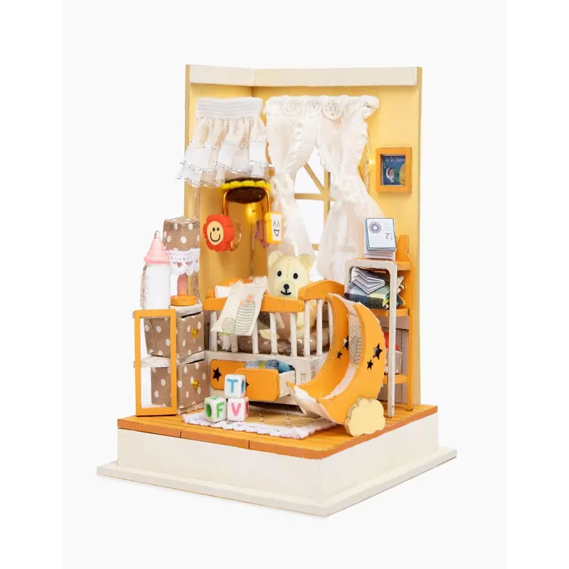 DIY Miniature House Kit | Baby Nursery Replica Mini Dollhouse Kit w/Instructions, Nursery Accessories, & LED Lights | DIY Miniature Kit Assembled Size 3.5"x3.5"x4.25" | Mini House Making Kit