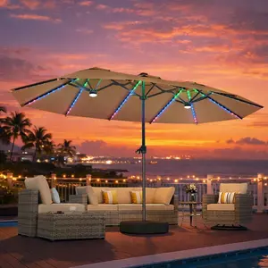 CAODOC 15Ft Solar Patio Umbrella with Base, Extra Large Double Sided Outdoor Rectangle Umbrella with Multicolor Lights & 2 Main Lights, Colorful Twin Patio Umbrella with Crank Handle for Garden, Deck, Poolside, Backyard