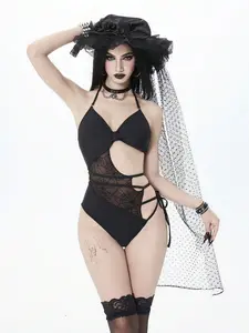 SHANIAH Goth Women's Sexy One-Piece Swimsuit With Spider Web Mesh Cutout Lace-Up Design, Trendy Dark Aesthetic Vacation Outfit, Summer Goth Clothes