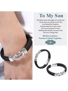 Braided Leather Bracelet for Men – Stainless Steel Magnetic Clasp PU Leather Wristband, Punk Geometric Cuff Bracelet, To My Son Husband Gift, Birthday Christmas Gift for Him