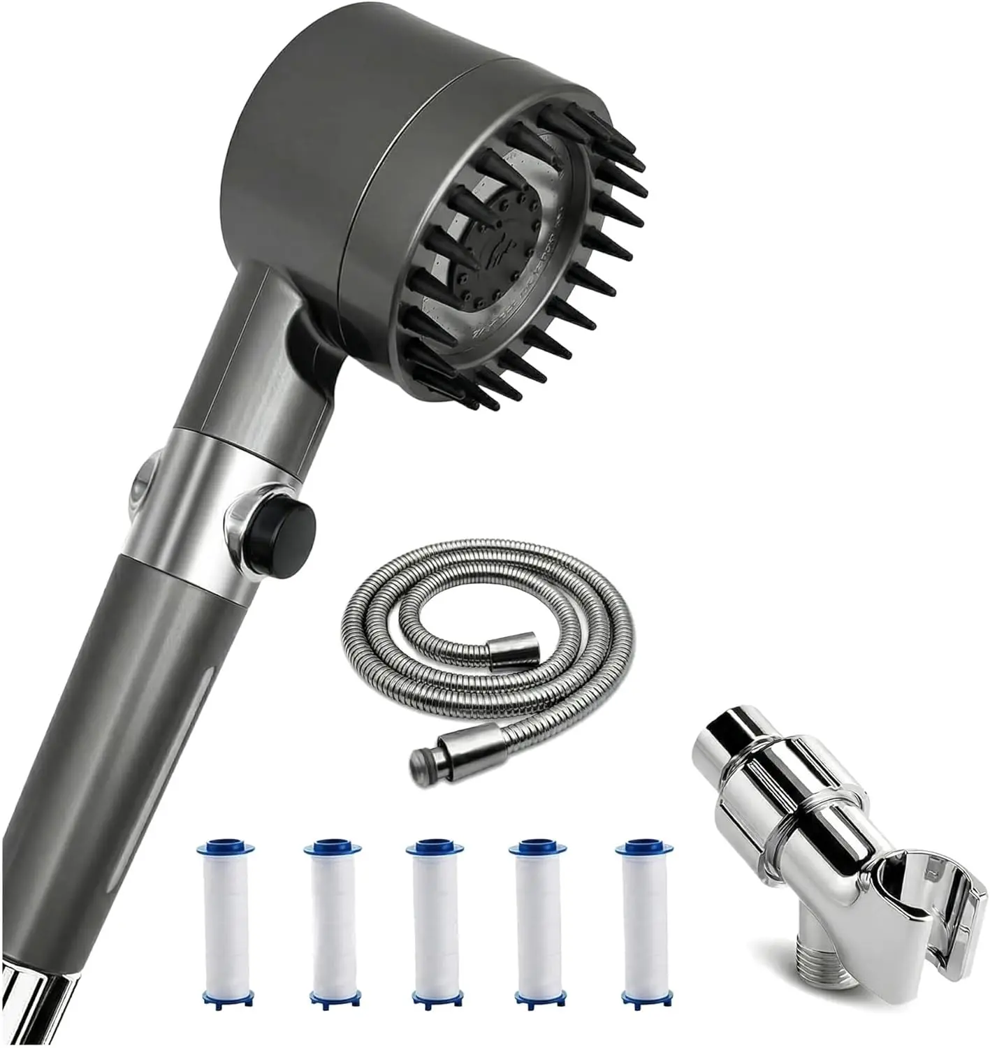 Cabezal de ducha de alta presión, cabezal de ducha de alta potencia y manguera con 4 filtros, manguera y soporte de 59 pulgadas, 4 modos de pulverización e interruptor de pausa, cabezal de ducha