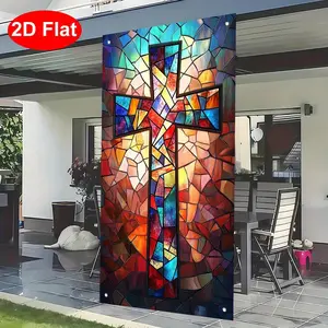 1PC 2D Flat Polyester Easter Stained Glass Cross Door Banner - Christian Party Decorations Banners, Birthday Home Church Indoor-Outdoor Ornament (Home Supplies)