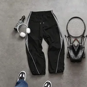 Men's Drawstring Waist Loose Fit Straight Leg Casual Long Pants,unisex Versatile Basic Sports Trouser,Stripes And Contrast Color,Suitable For Daily Wear,Outdoor Activities,Jogging,Going Out,Commute,School,Travel,Vacation,For Spring/Summer/Autumn Menswear