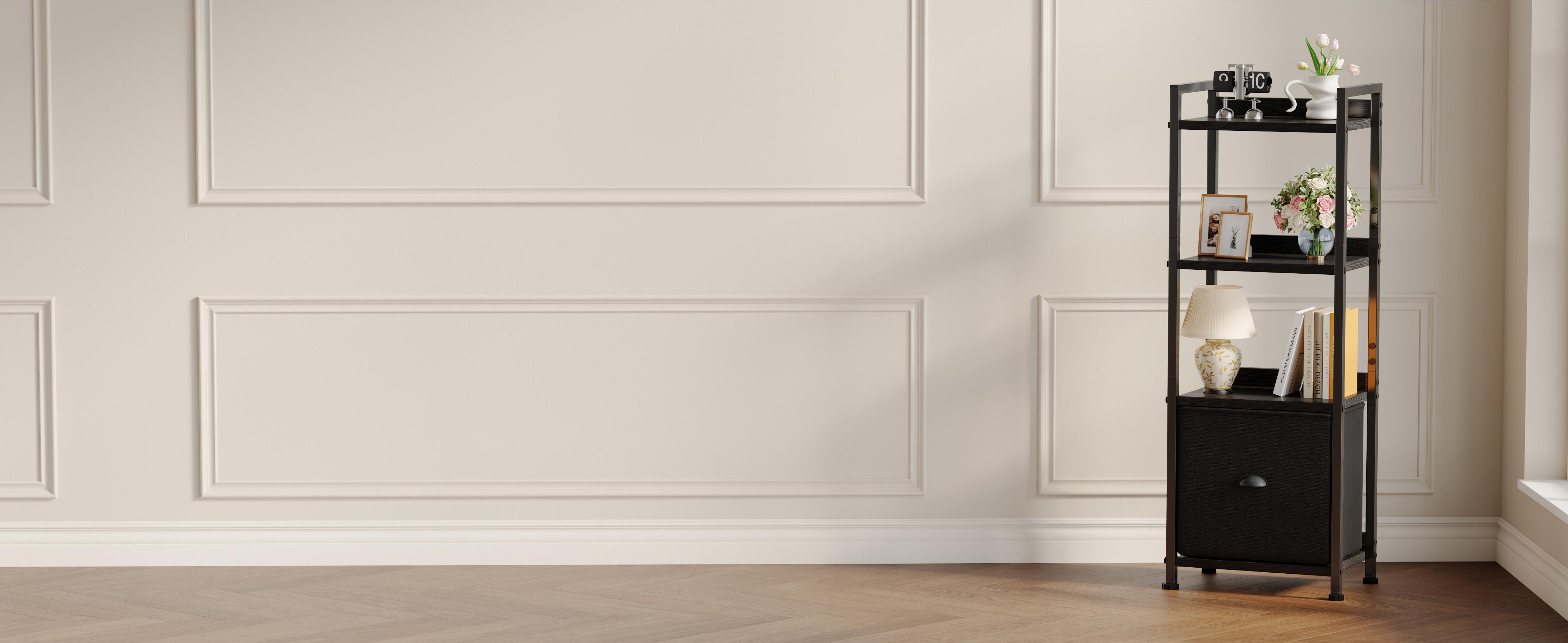 Slim Bookshelf with Fabric Drawer, Tall Narrow Wood & Metal Storage Shelf Unit, Space Saving Bookcase for Living Room, Bedroom, Office