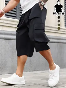 Men's Plus Size Basic Workwear Shorts, Casual Pocket Shorts, Elastic Drawstring Waist, Solid Color Design, Casual Outdoor Wear, Regular Fit