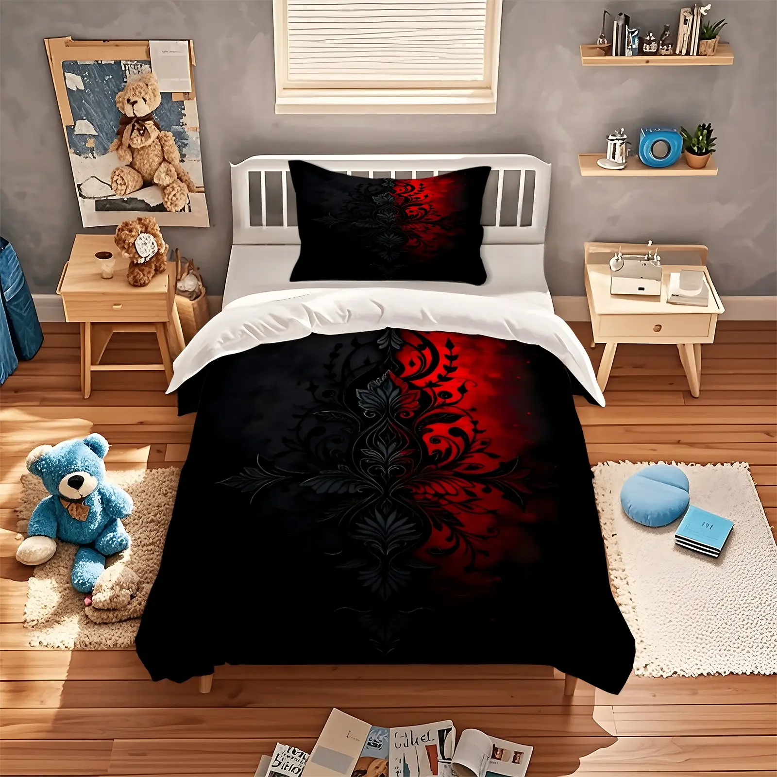 Black And Red Pattern, Rose, Gothic Pattern Duvet Cover, Soft, Comfortable And Durable Bedding, Suitable For Bedroom Decoration Gifts For Teenagers And Adults, Including 1 Duvet Cover And 1 Or 2 Pillowcases Without Core And Pillow