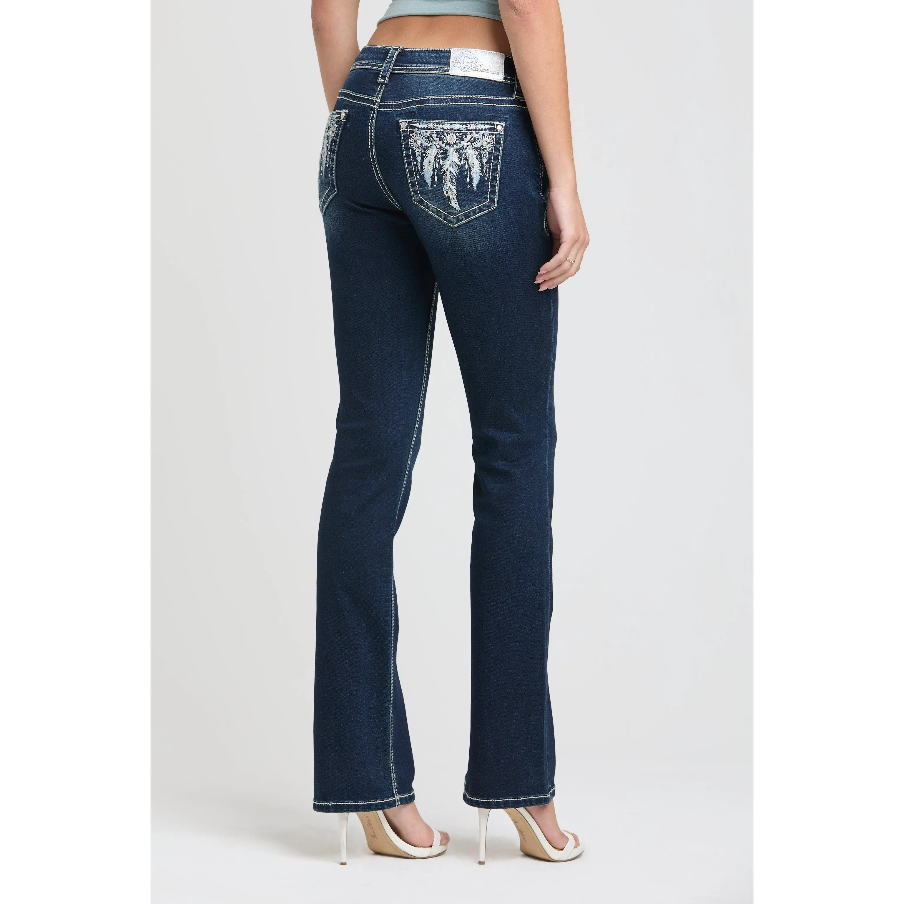 Feather Arrowhead Embroidered Bootcut Jeans Women Mid Rise Dark Wash Western Soft Denim
