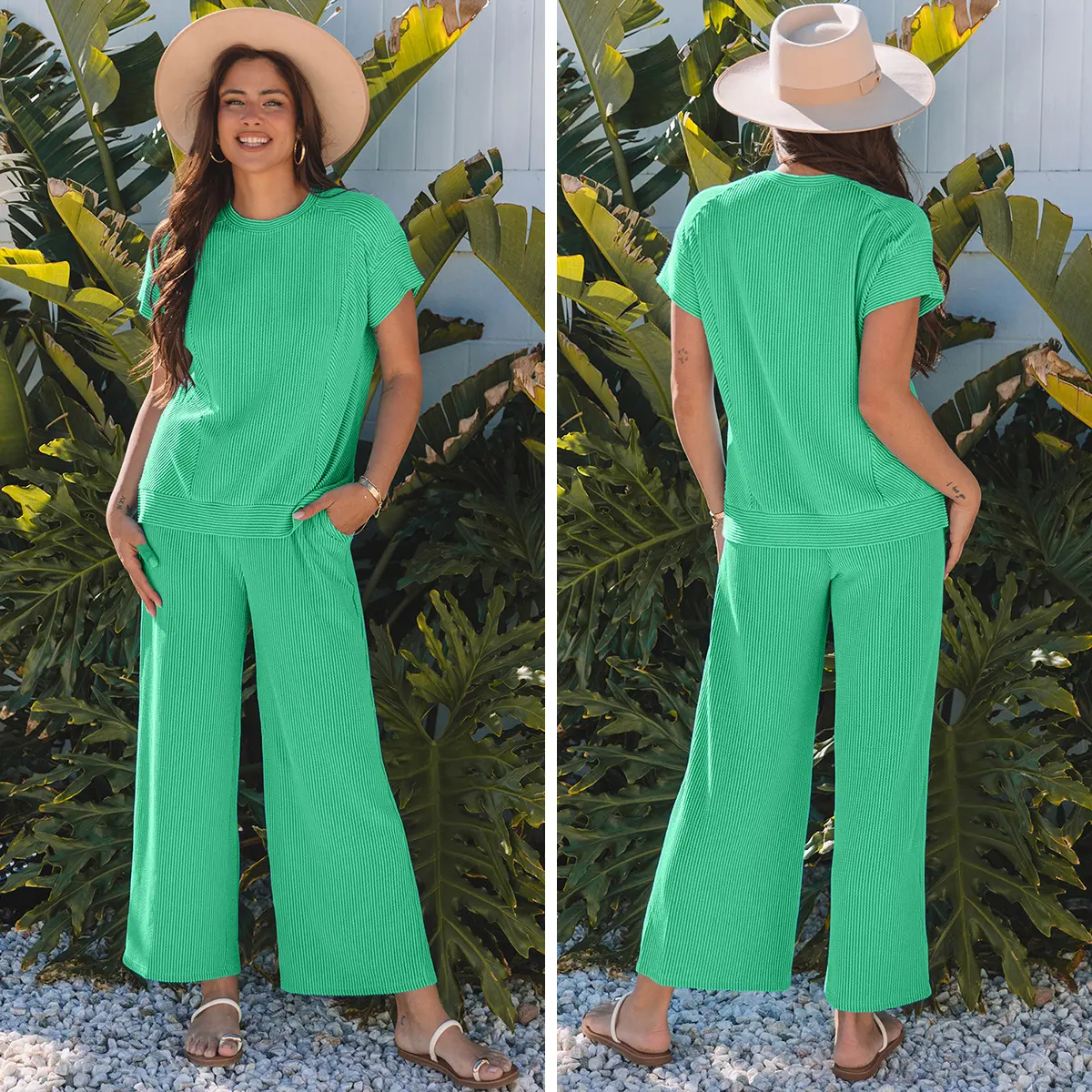 Znacicc Womens Two Piece Outfits Casual Solid Corded Knit Short Sleeve Tops Matching Wide Leg Pants Sets Elegance Style,Winteroutfit