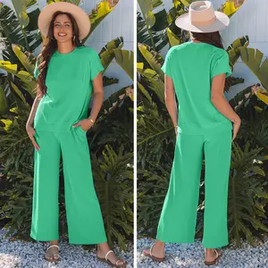 Znacicc Womens St. Patrick's Day Two Piece Outfits Casual Solid Corded Knit Short Sleeve Tops Matching Wide Leg Pants Sets Elegance Style,Winteroutfit