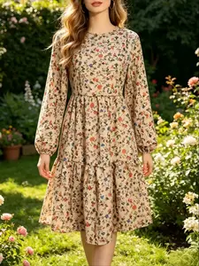 Elegant Feminine Floral Casual Summer Long Sleeve Women's Dress, Stylish, Chic and Comfortable, Perfect for Daily Wear, Fashionable Ladies' Clothing, Womenswear