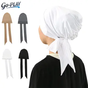Instant Hijab Cap with Long Tie Straps, Pleated Hem Solid Color Headscarf, Fashion Versatile Muslim Women Daily Wear, Pre-Tied Hijab Under Cap