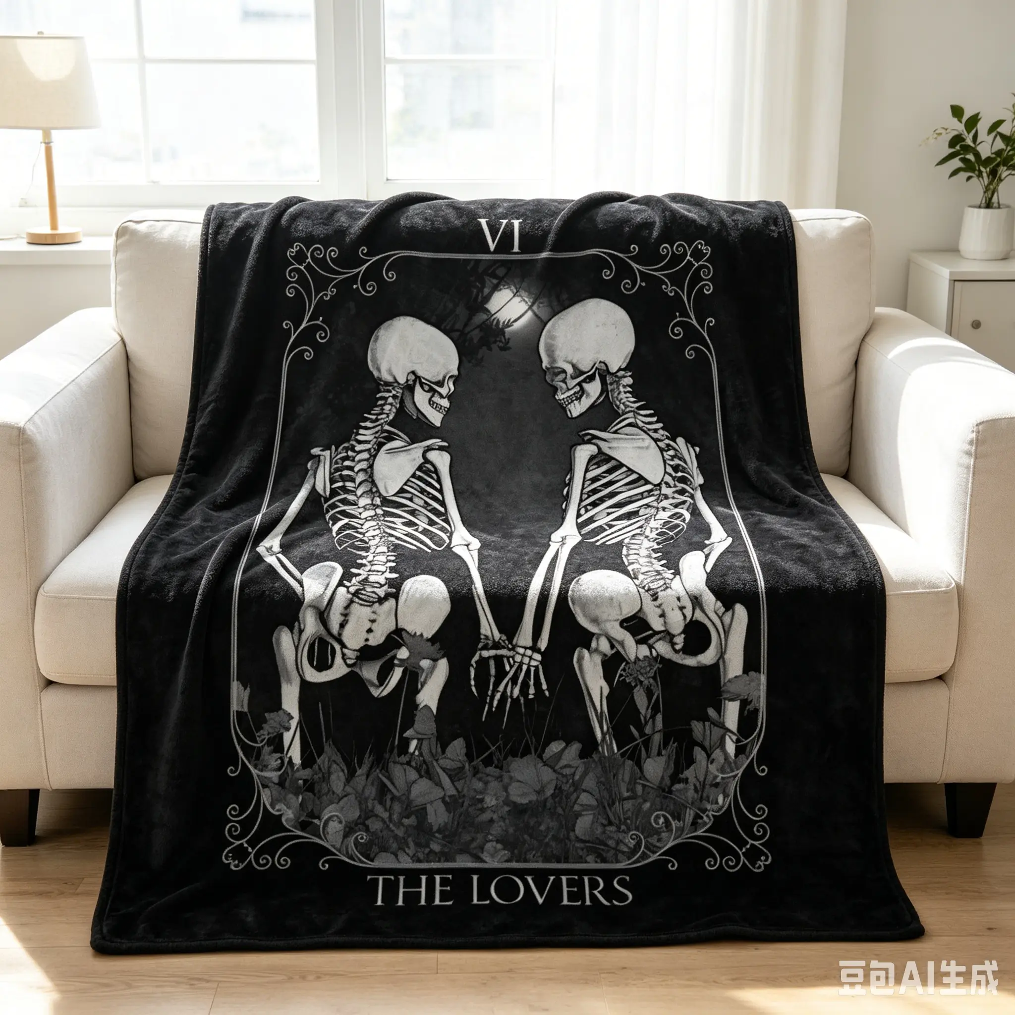 The Lovers Tarot Card Skeleton Blanket, Gothic Skull Fleece Throw Blankets, Cozy Aesthetic Room Decor for Bed Sofa, Cute Creepy Gift for Halloween Goth