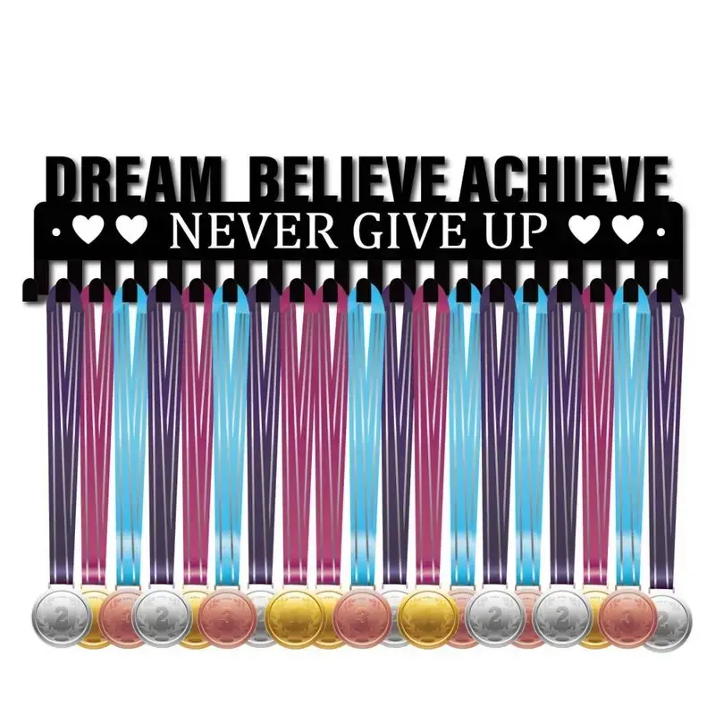 Inspiring Dreams Believe Achieve Never Give Up Metal Medal Rack, Accomplishment Rack, Easy Wall Hanging Display Stand Hangable for Home Decor, Stylish, Inspirational and Motivational, Inspiring Message, Room Decorations