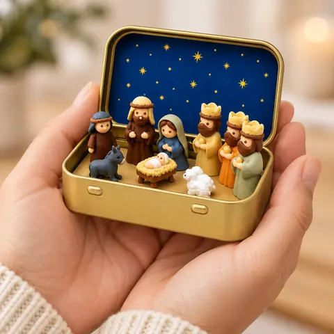 Pocket Mini Nativity Scene Figurine Set with Storage Box, Hand‑Painted Religious Christmas Figures, Portable Table Decor for Holiday Home Display, Xmas Gift Choice