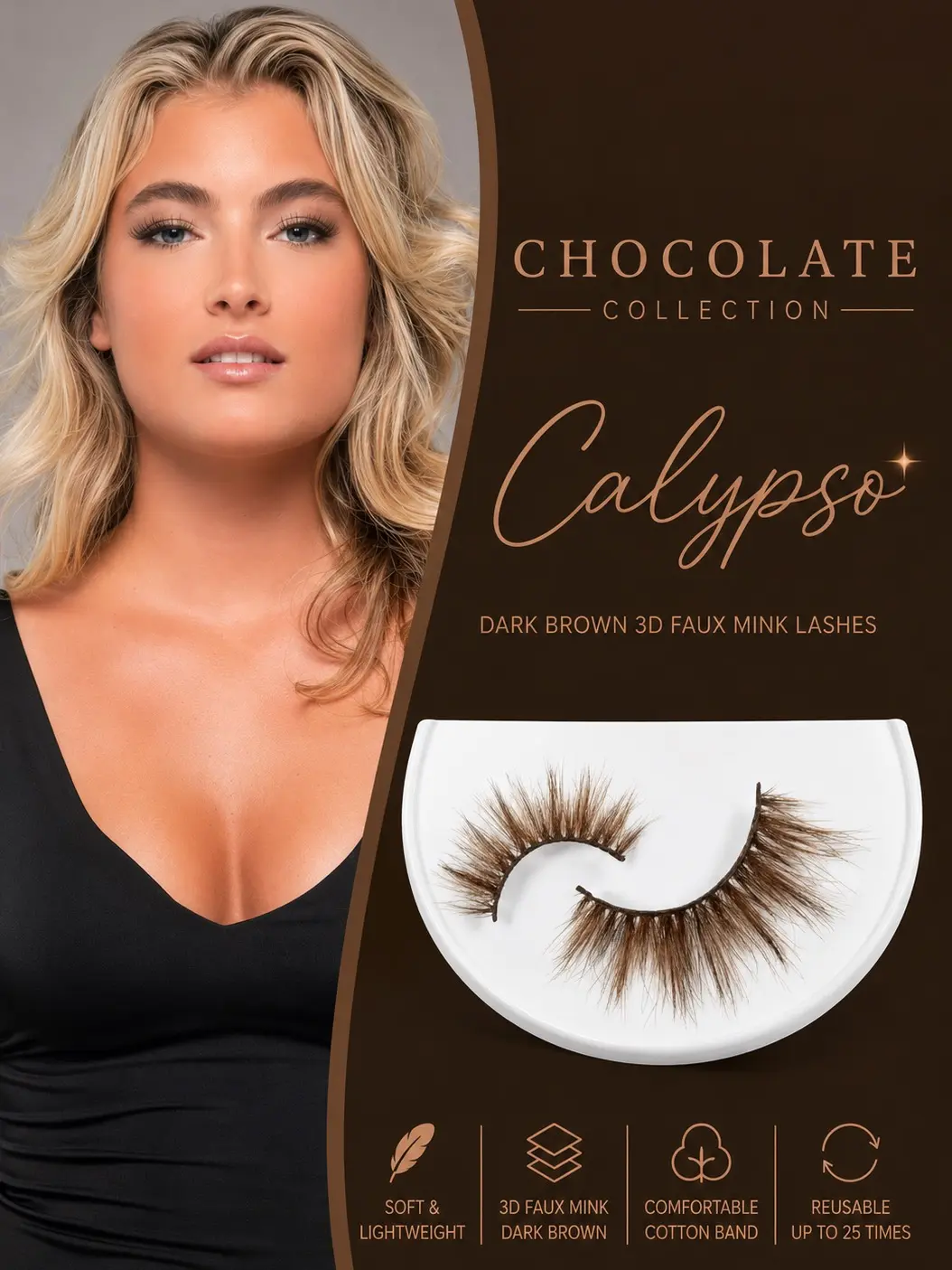 Calypso Chocolate Collection False Eyelashes - Rich Brown Fibers, Soft Smoky Finish, Glamorous Volume, Natural Warmth That Enhances All Eye Colors