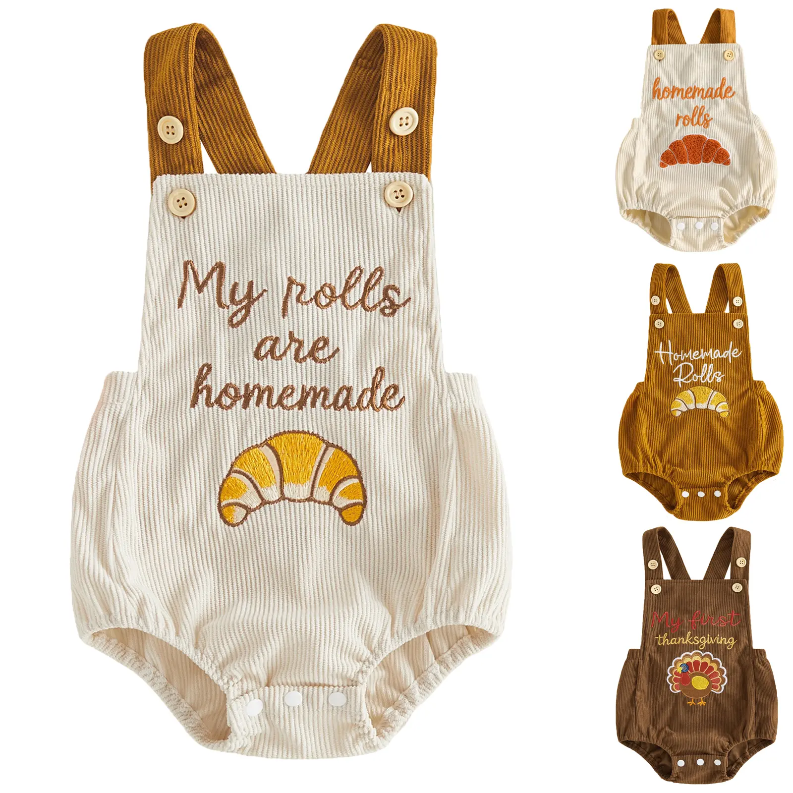 Babamoon Unisex Polyester Infant Newborn Sleeveless Bodysuit - All-Seasons Thanksgiving Romper with Turkey Motif/Croissant Embroidery, Overalls Jumpsuit