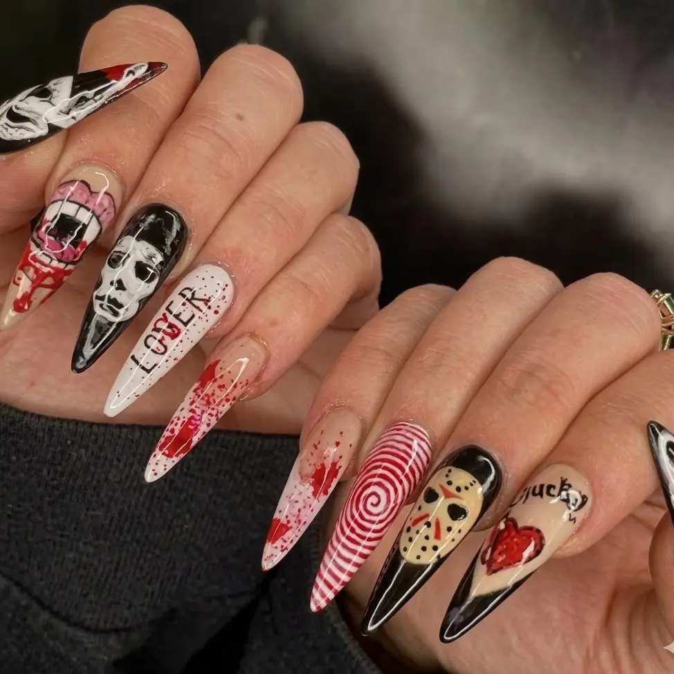 Halloween Horror Movie Nails  12 Sheets  | 3D Self-Adhesive Skull Ghost Horror Nail Decals | Spooky Wound Bloody Nail Designs Kawaii Strawberry Bunny Press-On