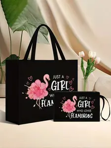 Flamingo Theme Handbag And Cosmetic Bag Set, Gift For Flamingo Lovers, Birthday Gift For Girlfriends/Sisters, Black Handbag And Pouch, Animal Lover Cosmetic Bag Zipper Wallet, Coin Purse For Flamingo Enthusiasts