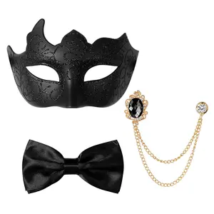 Men’s Masquerade Mask Set with Bow Tie & Chain Brooch, Vintage Pattern Half Face Costume Mask, Adjustable Satin Bowtie (28–58cm) for Halloween, Prom, Ball, Formal Party & Masquerade Nights