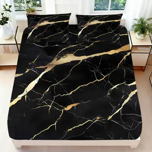 2/3 Pcs 2D Flat Luxury Black Gold Marble Fitted Sheet Set, Elegant Bedding Set Quilt Cover 1 Fitted Sheet+ 1/2 Pillowcases, Stylish Top Sheet Decorative Bedding Bedroom Decor