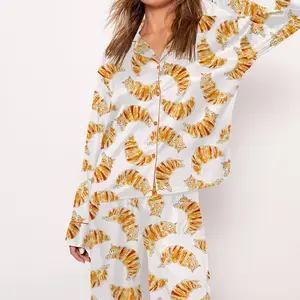 SHESHOW - Croissant Cats Pajama Set For Women Print Comfy Satin Sleepwear & Loungewear Pjs Printing Silky Top & Bottoms