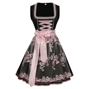 Women's Oktoberfest Dress with Floral Sheer Apron, Lace-Up Dirndl for Festival, Traditional Bavarian Beer Costume