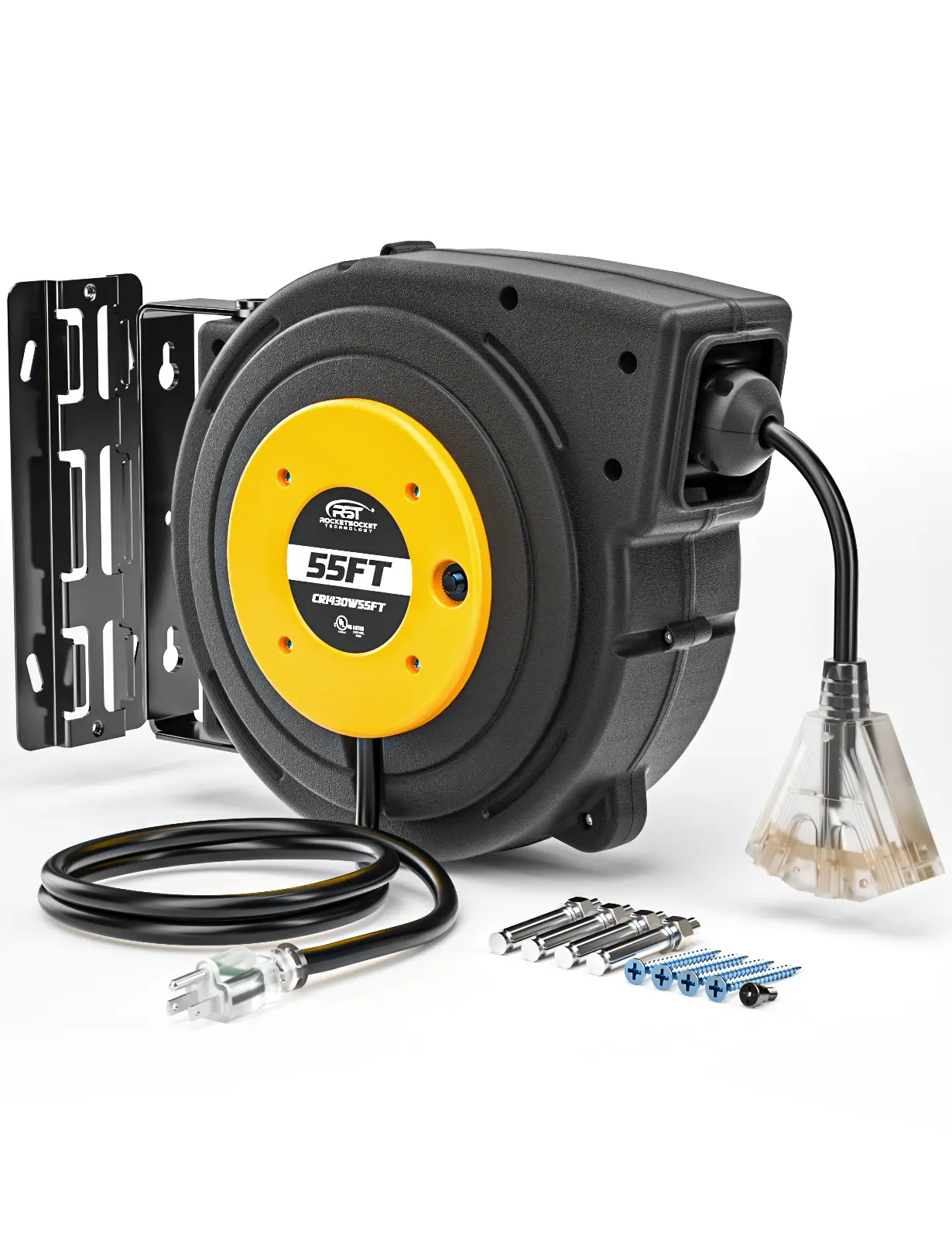 CRST Automatic Retractable Wire Cord Reel, 55FT 14AWG Flexible Braided Wire, Water Resistant, 3-Outlet Lighted Tap, Mounting Kits, 13A/125V/1625W 15 lbs Capacity, Indoor Use, UL Listed, 36-Month Warranty