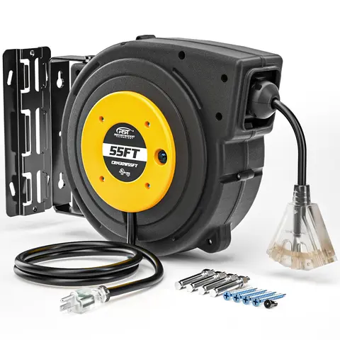 CRST Home Automatic Retractable AC Power Cable Reel with Automatic Reeling Mechanism, 55ft 14AWG Flexible Braided Cord, Water Resistant, 3-Outlet Lighted Tap, Wall Mount Kit, 13A/125V/1625W, 15lbs Capacity, Dry Indoor Use, UL Listed, 36-Month Warranty