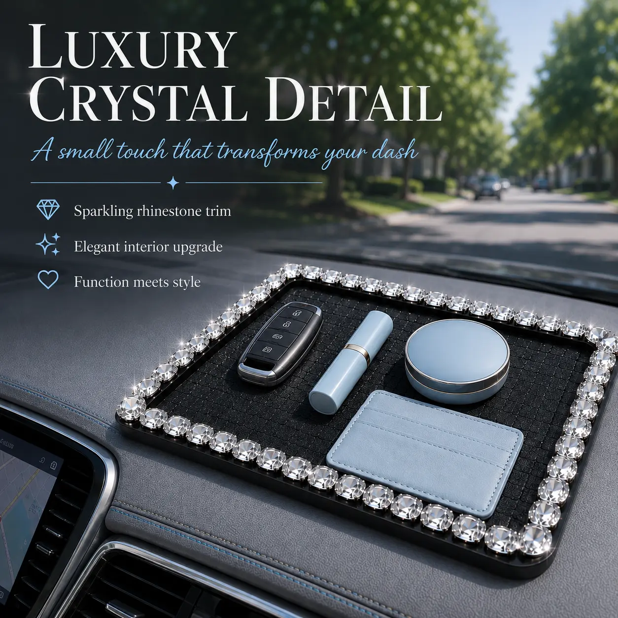 Crystal Car Dashboard Anti Slip Mat, Non-Slip Dashboard Organizer Tray Pad for Phone Sunglasses & Cards, Aesthetic Interior Car Accessories