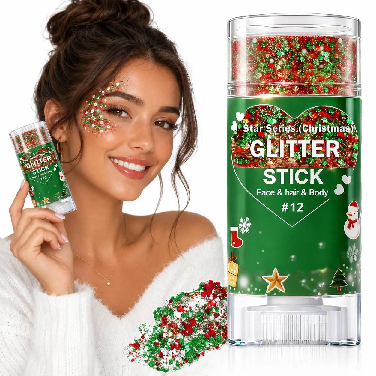 Christmas Glitter Stick for Face Hair Body, Red Silver Green Chunky Sparkling Glitter Makeup, White Face Body Glitter Makeup,Christmas Party Costume Accessories, Waterproof Glitter Makeup for Women Girls