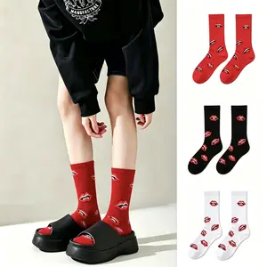 happy to socks    Unisex Mid-Calf Socks, European & American Trendy Thick-Soled Lip Socks, Ideal Couple Gift