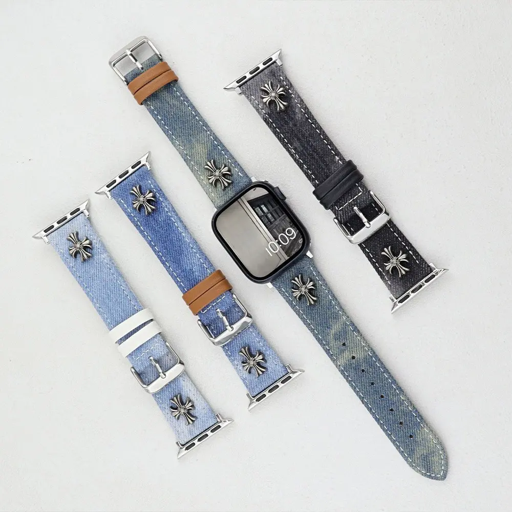 Retro Washed Tie-Dye Denim-Spliced Leather Watch Band Replacement with Alt Cross Metal Buckle, Casual Accessory for All iWatch Series, Fits 38/40/41（S10 42）Mm & 42/44/45/49（S10 46）Mm Smartwatches