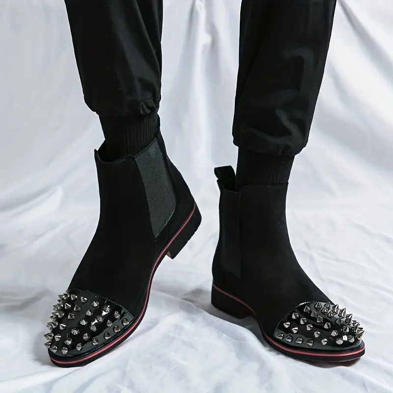 Men's Vintage Pointed-Toe High-Top Ankle Oxford Boots - PU Upper, Elastic Band Closure, Rivet Details, Fabric Lining, Rubber Sole, Low Heel, All-Season Black Synthetic Outdoor Walking Footwear (US 11)