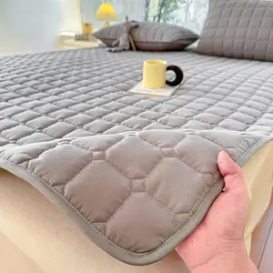 1pc Plain Textured Thin Mattress Pad, Fashionable Single & Twin Size Bed Protector, Four Corner Straps Design